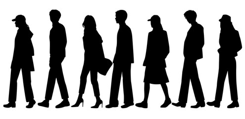 Vector silhouettes of  men and a women, a group of walking   business people, profile, black color isolated on white background
