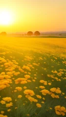 Poster The landscape of Marigold blooms in a field, with the focus on the setting sun. Creating a warm golden hour effect during sunset and sunrise time. Marigold flowers field © Logo