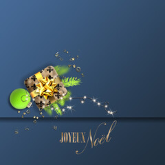 Minimalist Merry Christmas in French language. Joyeux Noel modern luxury design on dark blue. 3D gift box, golden bow, text Joyeux Noel Merry Christmas. Flat lay, above view. 3D render