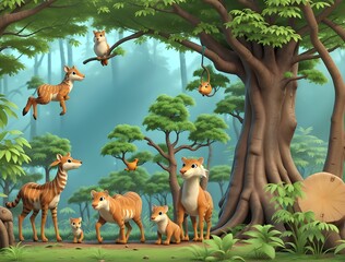 animals in the forest 3d landscape, Ai generated 