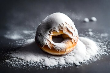 Design a macro view of a bell-shaped sugar doughnut covered in powdered sugar