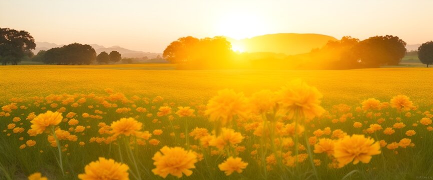 The landscape of Marigold blooms in a field, with the focus on the setting sun. Creating a warm golden hour effect during sunset and sunrise time. Marigold flowers field