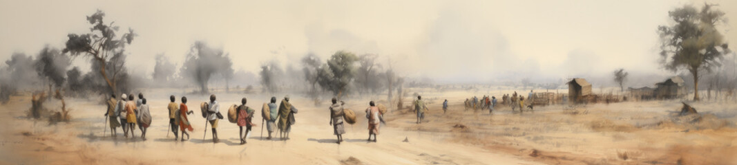 In a poignant watercolor, weary refugees trudge dusty roads. Empathetic strokes capture faces marked by exhaustion, portraying resilience. Muted tones symbolize the harsh journey. - obrazy, fototapety, plakaty