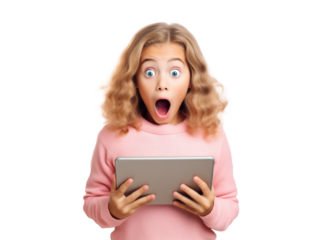 Girl with iPad Looking Shocked on Transparent Background