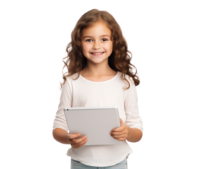Girl Holding iPad on Transparent Background