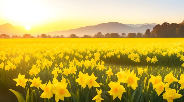 The landscape of Daffodil blooms in a field, with the focus on the setting sun. Creating a warm golden hour effect during sunset and sunrise time. Daffodil flowers field