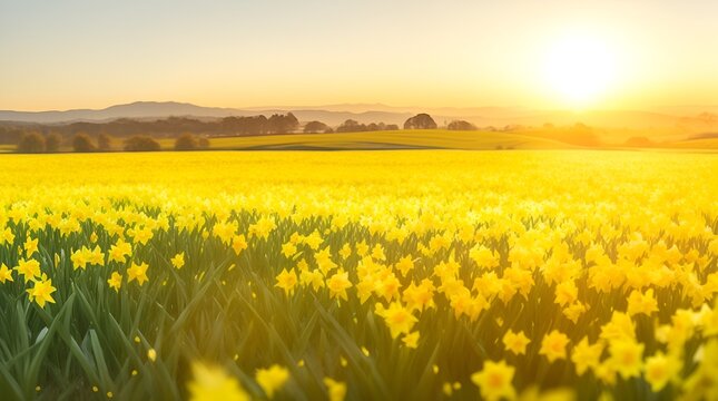 The landscape of Daffodil blooms in a field, with the focus on the setting sun. Creating a warm golden hour effect during sunset and sunrise time. Daffodil flowers field