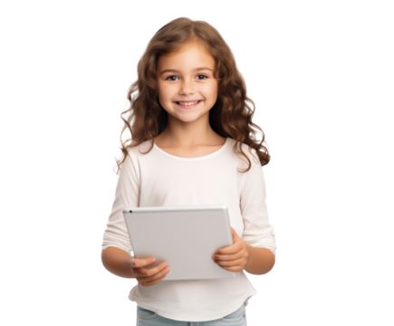 Girl Holding iPad on Transparent Background