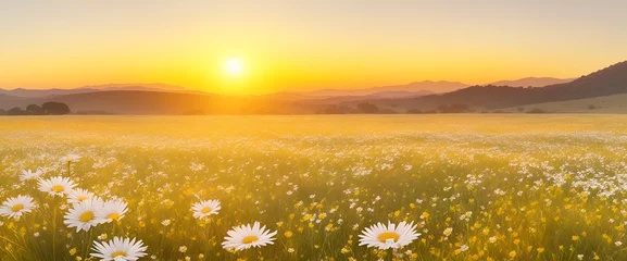 Fotobehang The landscape of Transvaal Daisy blooms in a field, with the focus on the setting sun. Creating a warm golden hour effect during sunset and sunrise time. Transvaal Daisy flowers field © Logo