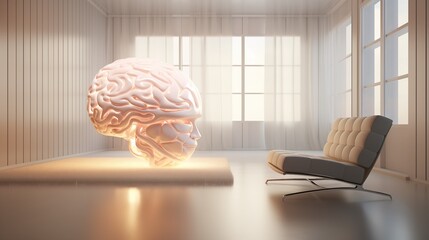 Therapy session with giant brain in clean white interior - obrazy, fototapety, plakaty