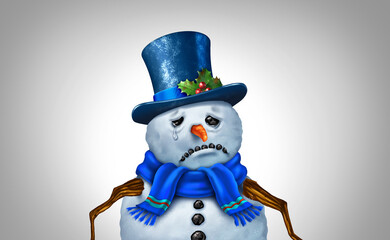 Holiday Depression And Stress as a snowman represents the psychological issue of feeling blue during the winter season as a SAD or Seasonal Affective Disorder during the New Year