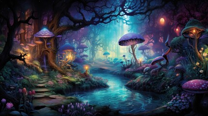 Obraz na płótnie Canvas Mythical Forest Fantasy Luminous Creatures & Enchanted Flora