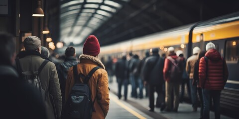 People waiting for a train at the railway station. Blurred background - generative ai