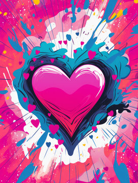 A vibrant explosion of paint and hearts in a pop art style.