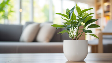 Plant in a pot on blurred living room interior background