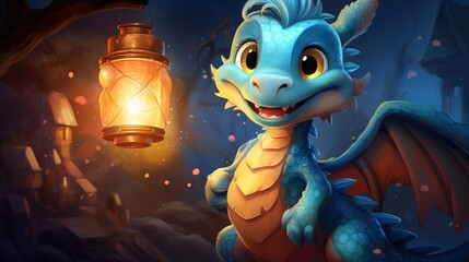  a blue and yellow dragon next to a lantern in a cave with a lantern hanging from it's side and a glowing lantern hanging from it's side.