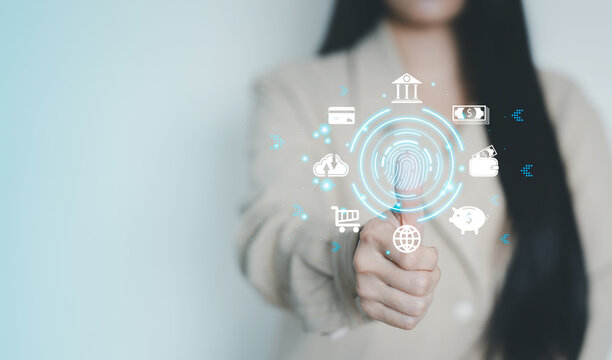 futuristic digital processing of biometric identification fingerprint scanner for access personal financial data. surveillance and security scanning of digital programs cyber futuristic applications