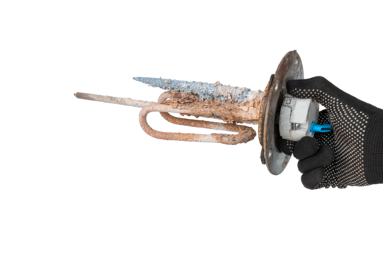 hand of a craftsman dismantled the old heating element of an electric hot water boiler with scale and sediment, cut out on an isolated background