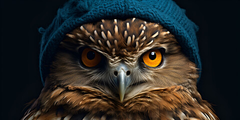 eagle owl portrait,Adorable Winter Owl: Colorful Knitwear and HD Wallpaper.AI Generative 