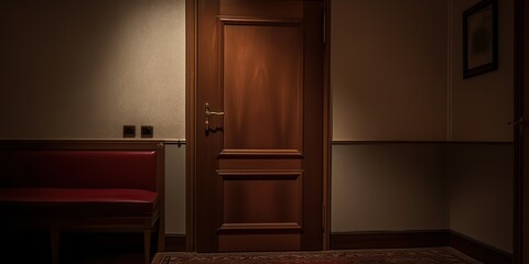 Fototapeta premium AI Generated. AI Generative. Inside interior indoor door at hotel room hall background wall. Graphic Art