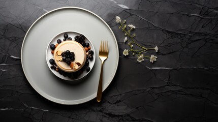  a white plate topped with a dessert covered in blueberries and a drizzle of icing next to a fork and a flower on top of a black marble table.