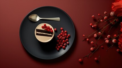  a piece of cake sitting on top of a black plate next to a fork and a bunch of berries on top of a black plate next to a red flower.