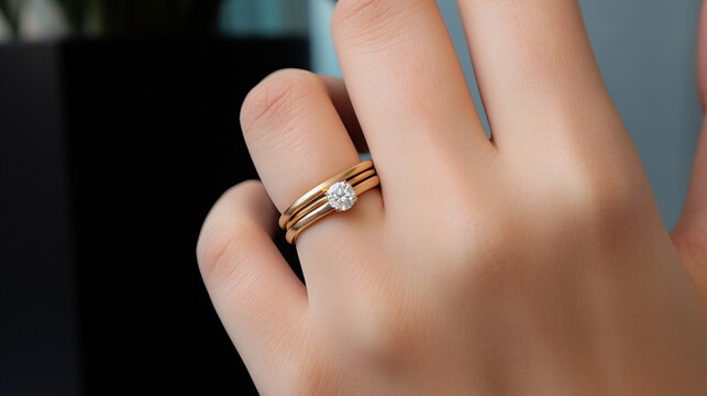 golden diamond minimalistic ring closeup on a female hand