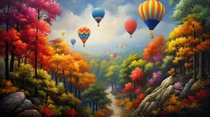 Obraz na płótnie Canvas a painting of hot air balloons flying in the sky above a forest filled with colorful trees and a river running through the center of the painting is a colorful landscape.