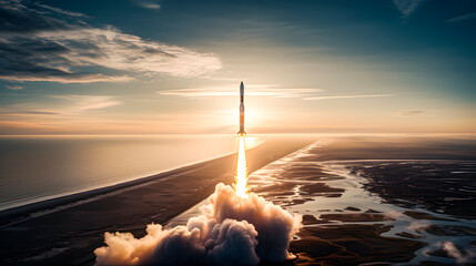 Liftoff of a space rocket from the launch pad located on the ground, on the coast - obrazy, fototapety, plakaty