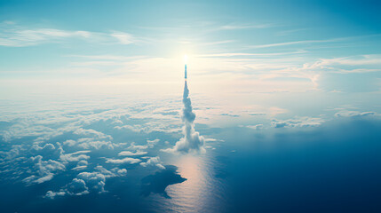 Liftoff of a space rocket from the launch pad located on the water - obrazy, fototapety, plakaty