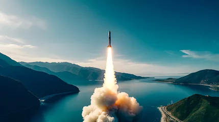 Foto op Canvas Liftoff of a space rocket from the launch pad located on the water © TopMicrobialStock