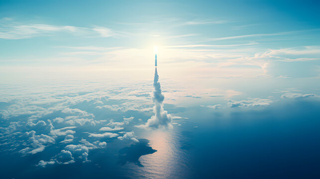 Liftoff of a space rocket from the launch pad located on the water