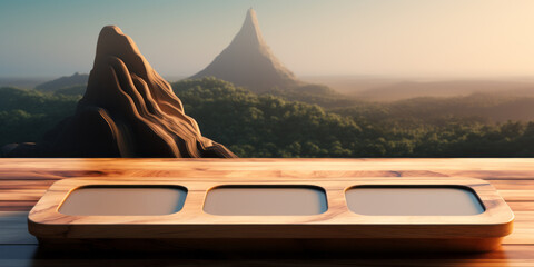 Wooden podium in tropical forest. Background for perfume, cosmetic products or food on wooden floor with mountains.