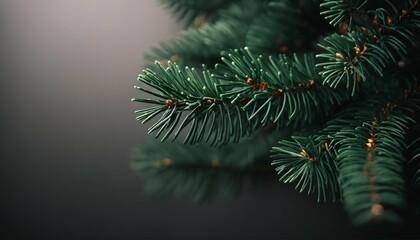 Fototapeta na wymiar Trendy moody dark toned Christmas background featuring a close up of a green fir tree branch