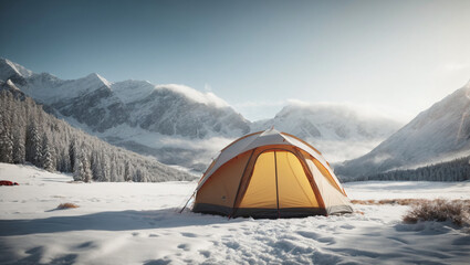 Winter Solitude: A Lone Tent Amidst Snowy Peaks