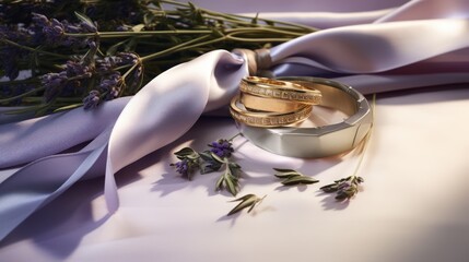  a couple of wedding rings sitting on top of a table next to a bouquet of lavenders and a white satin ribbon on top of a table cloth with lavender flowers.
