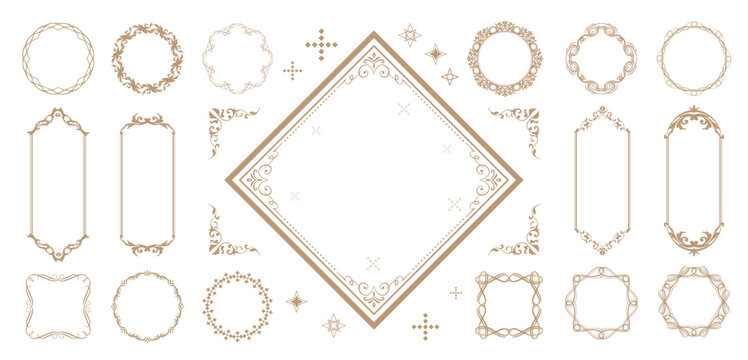 ゴールドのフレームデザイン。アンティークやヴィンテージスタイルの装飾。見出しや罫線のデザインセット