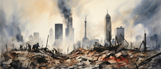 A horrifying watercolor unfolds as skyscrapers sink into debris, creating utter devastation. Once majestic, now rubble, depicted with somber brushstrokes conveying overwhelming destruction.