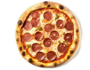 Salami pizza isolated on white background, cutout