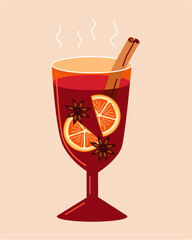 Glass of hot mulled wine with anise stars, cinnamon and orange slices. Vector cartoon flat illustration isolated on beige background.	