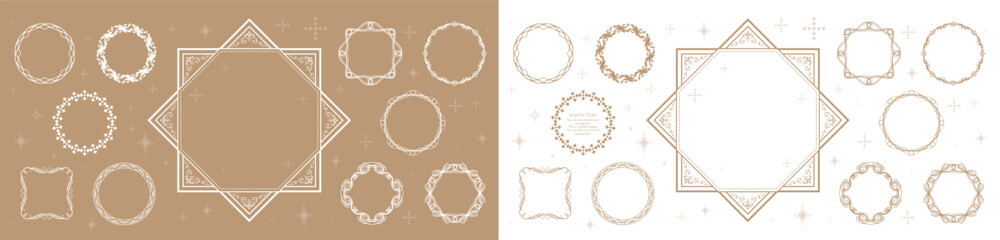 ゴールドのフレームデザイン。アンティークやヴィンテージスタイルの装飾。見出しや罫線のデザインセット