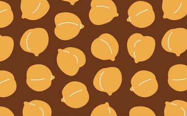 Chickpeas seamless pattern on brown background. Garbanzo beans backdrop. Ingredient for hummus, falafel and other vegetarian food. Vegan protein source. Legumes cartoon wallpaper. 