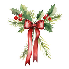 watercolor illustration of Christmas decorations with holly and a red bow on an isolated background