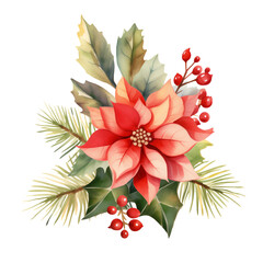 watercolor Christmas poinsettia arrangement with festive berries and pine on an isolated background