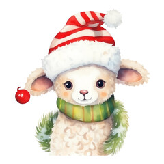 watercolor illustration of a lamb in a striped holiday hat and green scarf with Christmas decorations on an isolated background
