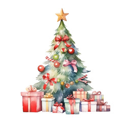 watercolor Christmas tree with decorations and gifts on an isolated background