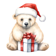 cuddly polar bear cub in a Santa hat holding a wrapped gift, painted in a soft watercolor style on a pristine white background