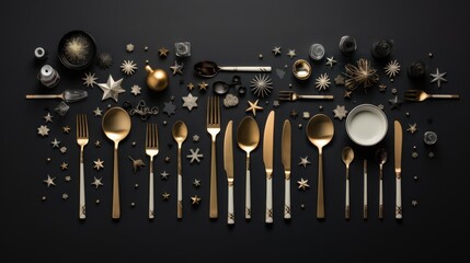  a black table topped with lots of gold and silver utensils and a plate with a star design on the side and a star design on the side of the table.