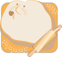 Roll out the dough. Knead the dough. A character from the test. Cook from flour and make dough. Knead with a rolling pin. Homemade food and cooking pies and pizza. Rolling pin, board, flour.