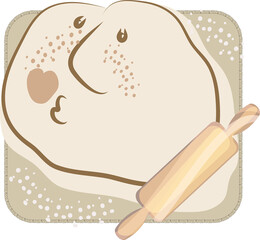 Roll out the dough. Knead the dough. A character from the test. Cook from flour and make dough. Knead with a rolling pin. Homemade food and cooking pies and pizza. Rolling pin, board, flour.